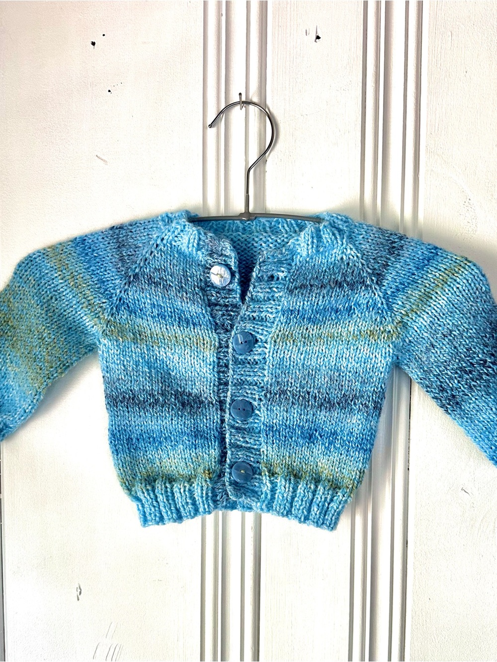 Handknit Baby Cardigan in Various Aqua Blues 0-3M